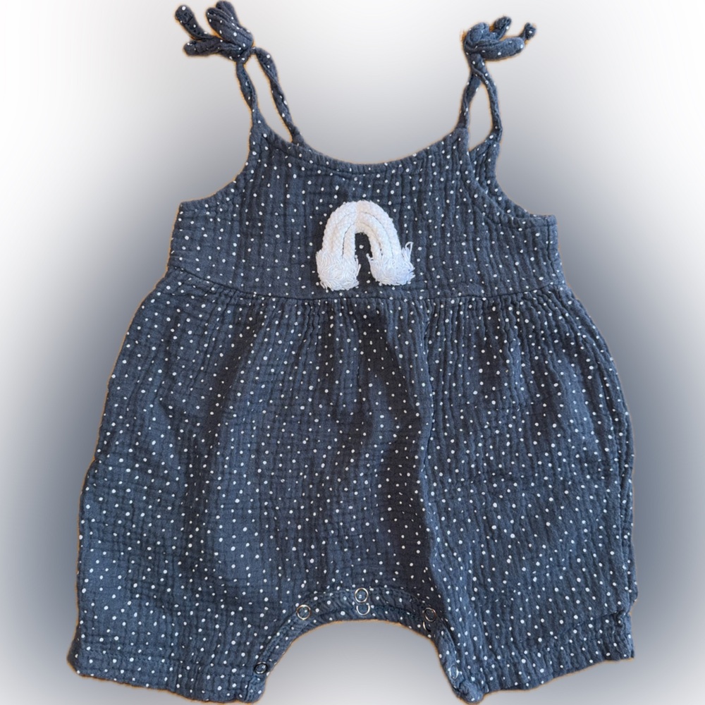 Navy Blue Polka Dot Romper with White Rainbow tassel